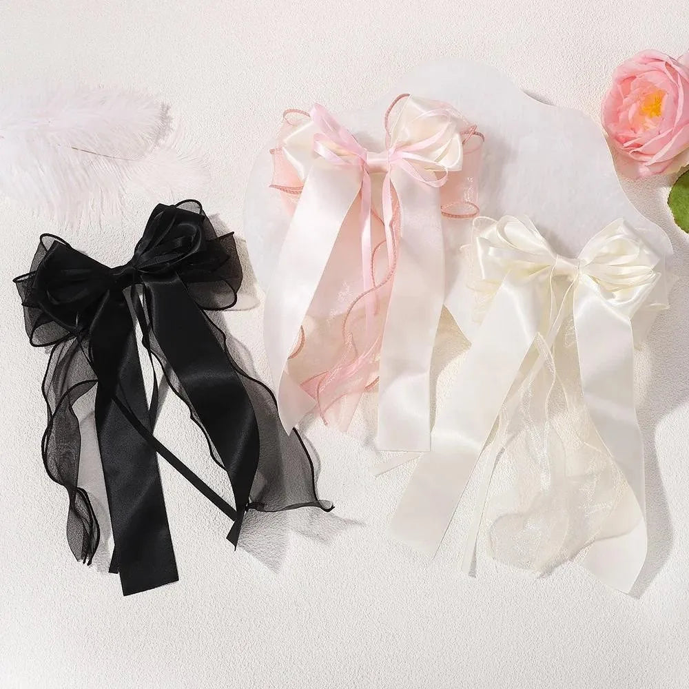 1Pcs Cute Lace Hair Bow Clip Coquette Bow Barrettes with Long Tail Ribbon for Women Christmas Valentines Wedding Accessories