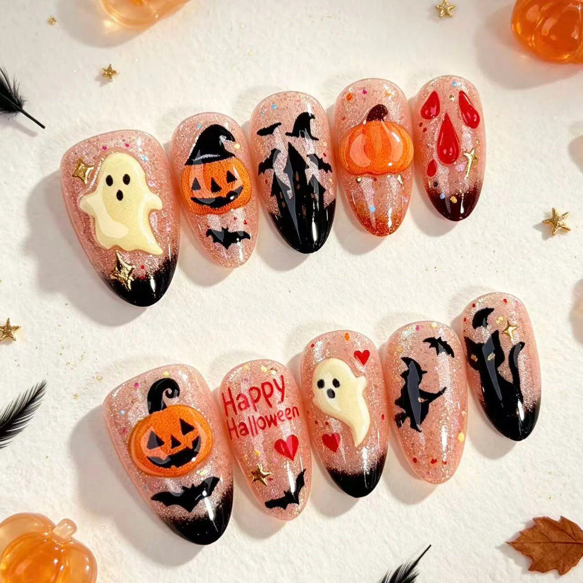 Halloween Pink White Color Press on Nails With 3D Ghost Design Almond Fake Nails INS Sweet Star Moon Decor False Nails 30pcs