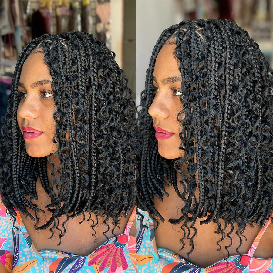 Short 12 Inch Bohemian Curly Braided Full Lace Front Wigs Knotless Box Braid Bob Wig Women Synthetic Locs Goddess Cornrow Braids