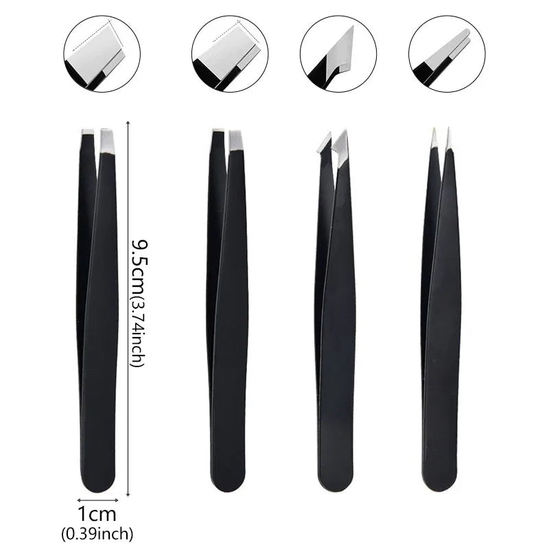 4Pcs Face Hair Removal Eyebrow Tweezers Pincet Clips Stainless Steel Lash Extension Tweezers Slant and Flat Point Beauty Tools