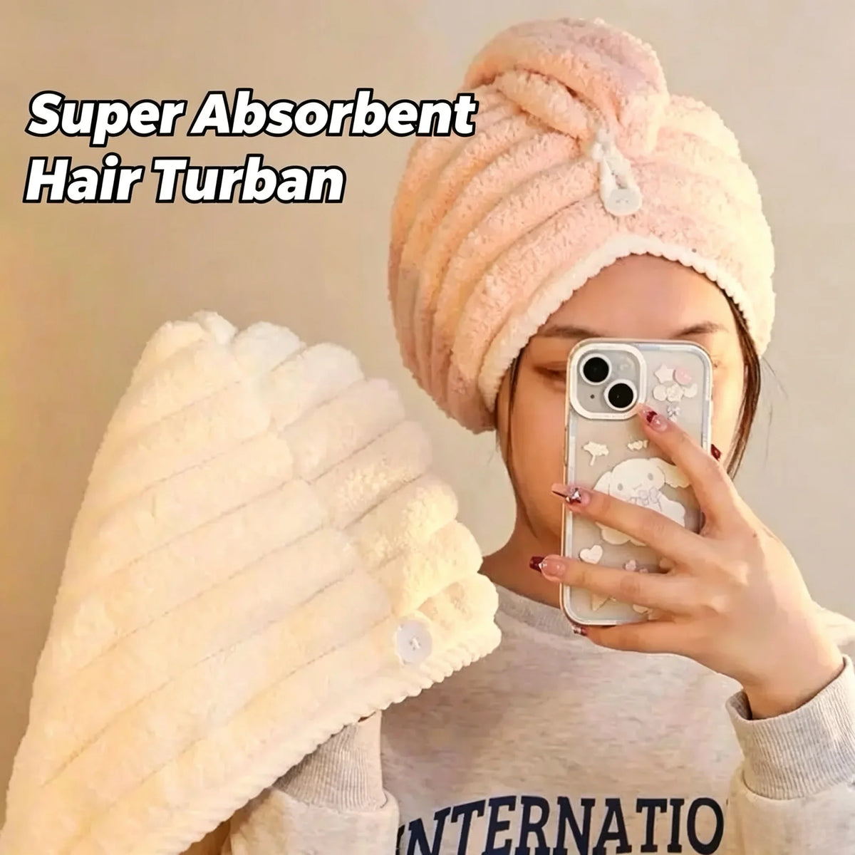 Candy Strip Hair Towel Wrap for Women, Thick Coral Fleece Super Absorbent Quick‑Dry Hair Turban for Home Shower Use