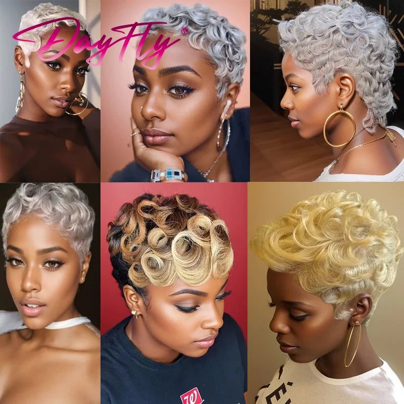Blonde Curly Pixie Cut Wigs Short Colorful Human Hair Wigs For Black Women Brazilian Hair Full Machine Made Glueless Wigs 150%