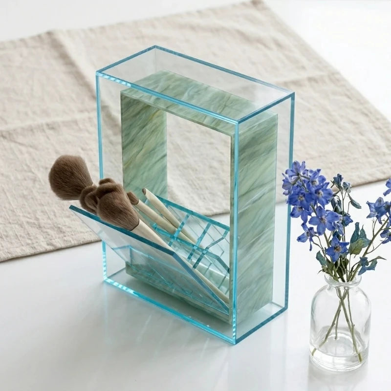 Wood and stone acrylic makeup brush storage box marble rotating dust-proof storage cylinder grid large-capacity lipstick box