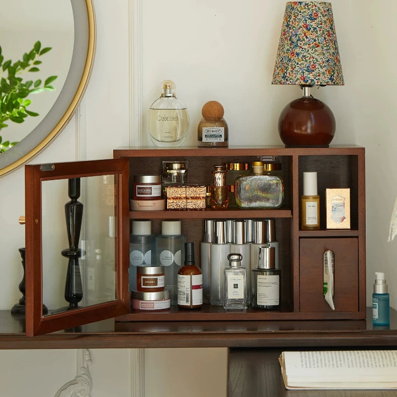 Mid Century Solid Wood Cosmetic Storage Box Drawer Organizer for Perfume Skincare Desktop Vanity Cabinet Rustic Makeup Holder