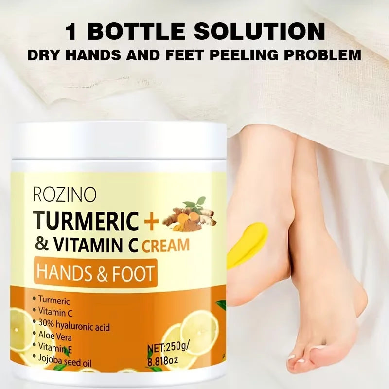 ROZINO Turmeric Vitamin Hand and Foot Cream has a fine and soft texture, and is refreshing and non-sticky when applied. Infused with turmeric and a variety of vitamin nourishing ingredients, it gently repairs fragile skin on