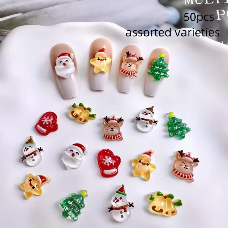 50pcs 3D Kawaii Snowman Elk Santa Claus Nail Art Rhinestones 10mm Resin Christmas Nail Charm Jewelry Flatback Xmas Holiday Nails
