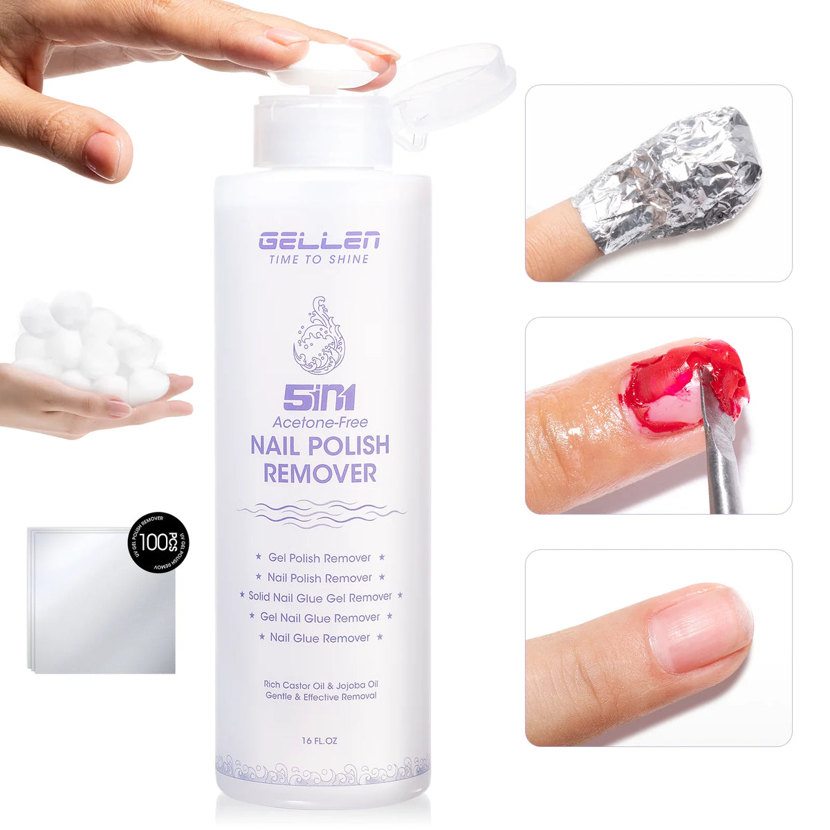 GELLEN Nail Polish Remover 16 Fl Oz Non Acetone Pump Bottle Gel Nail Soak Off Remover Kit Vegan Cruelty Free Gentle Nail Care
