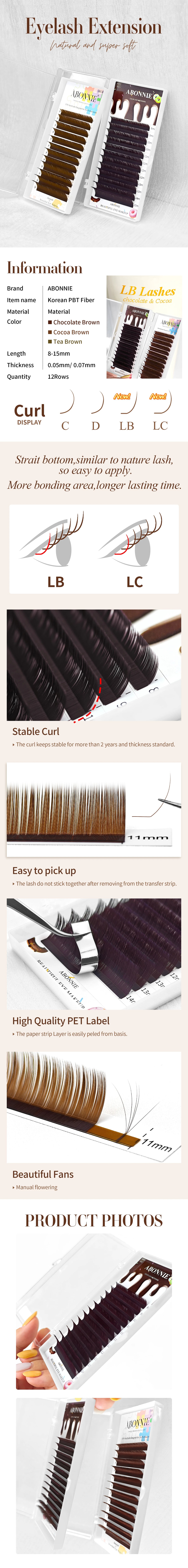 ABONNIE LB LC Curl Cocoa Brown Chocolate Brown Classic Eyelashes Extensions 0.05/0.07 Individual Soft Natural False Lashes
