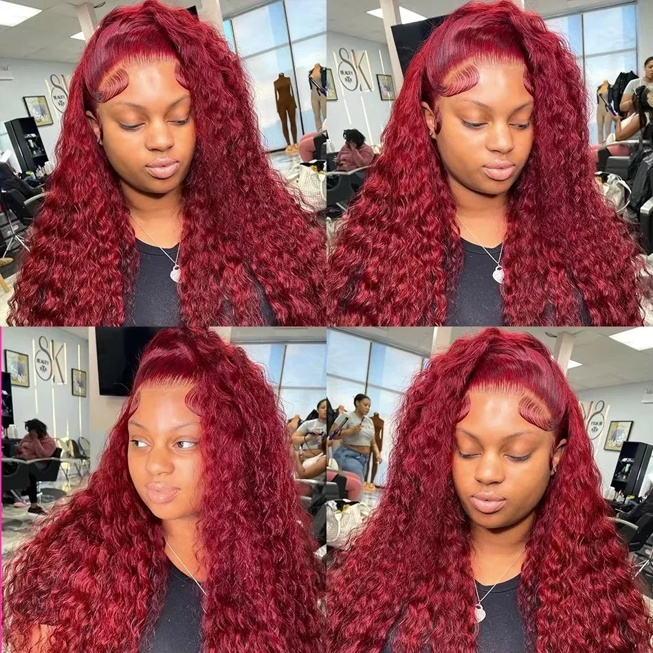 200 Density 13x4 Curly 99J Burgundy Lace Front Wig Red Wine Colored 30 38 Inch Deep Water Wave HD Lace Frontal Human Hair Wigs