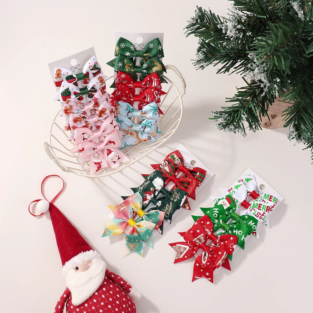 6Pcs Christmas Kids Bows Hair Clips Set for Baby Girl 2.4'' Ribbon Elk Santa Print Bowknots Hairpins Headwear Hair Accessories