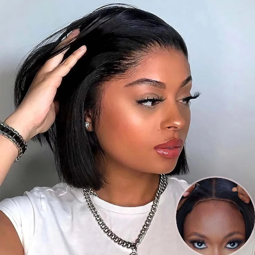 Wear and Go Glueless Bob Wig Human Hair Pre Plucked Pre Cut 215% Density 5x5 HD Transparent Lace Front Wigs Human Hair for Black Women Short Straight Bob Wigs No Glue Lace Closure Wigs for Beginners 10 Inch