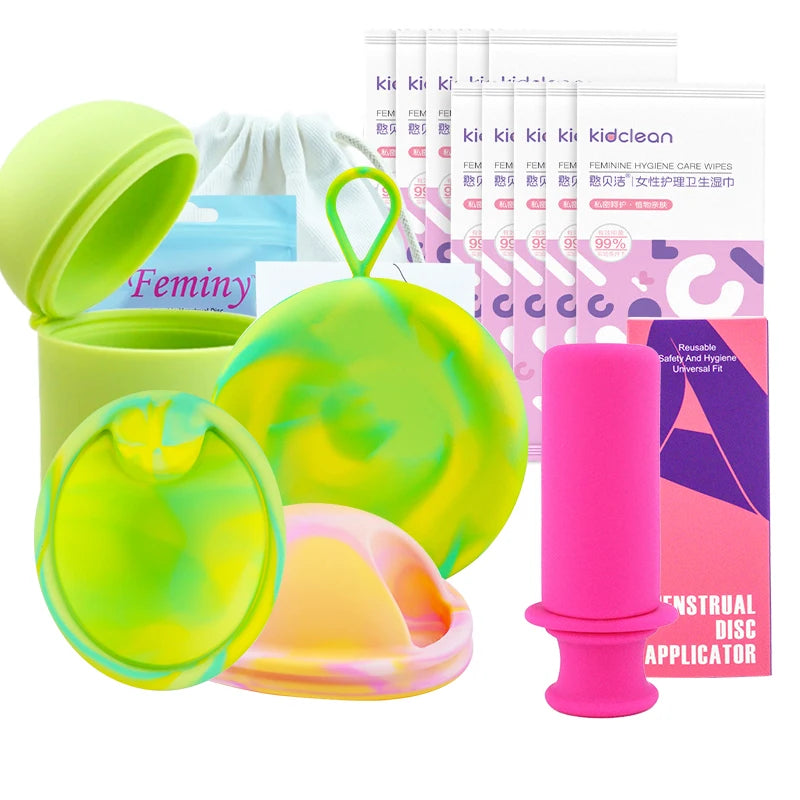 Feminy Menstrual Disc Kit Medical Grade Reusable Soft Silicone Period Disc with Sterilizer Case Applicator Leakproof Monthly Cup