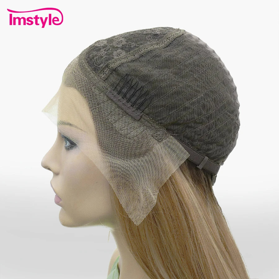 Imstyle Brown Wig Syntehtic Lace Front Wig Dark Root T Part Lace Wig Layered Straight Hair Daily Use Wigs For Women