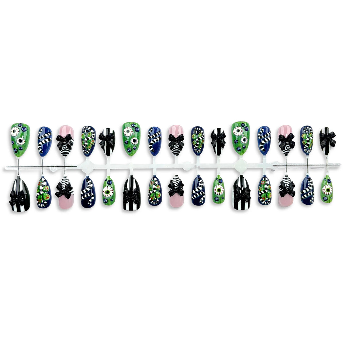 30pcs Halloween 3D Eyeball Press On Nails Snake Striped Bow Design Fake Nail Horror Spooky Short Almond False Nail for Women