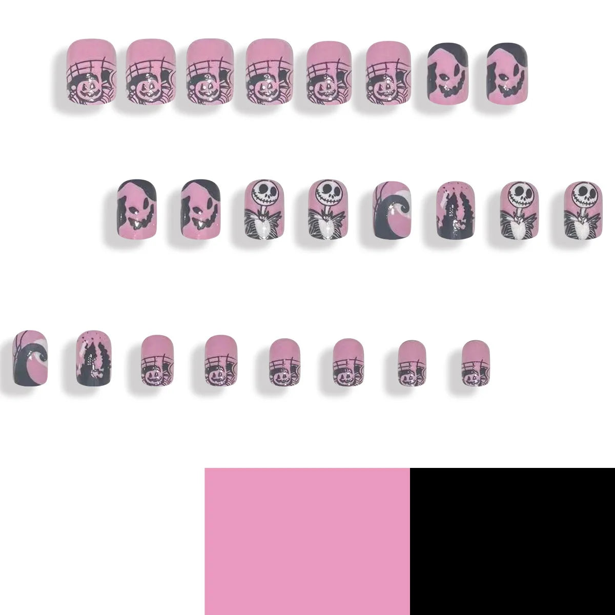 24pcs Short Halloween Fake Nail Patch Black Bat Skull Pattern False Nails Full Cover Wearable Sweet Cool Pink False Nail Tips