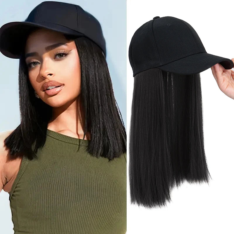 18Inch Synthetic Long Straight Hair Extension Baseball Cap  Adjustable Black Blonde Hairpiece Fashion Hat Wig