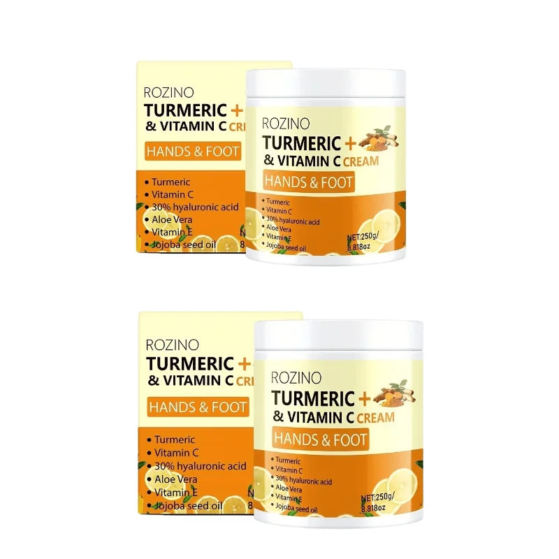 ROZINO Turmeric Vitamin Hand and Foot Cream has a fine and soft texture, and is refreshing and non-sticky when applied. Infused with turmeric and a variety of vitamin nourishing ingredients, it gently repairs fragile skin on