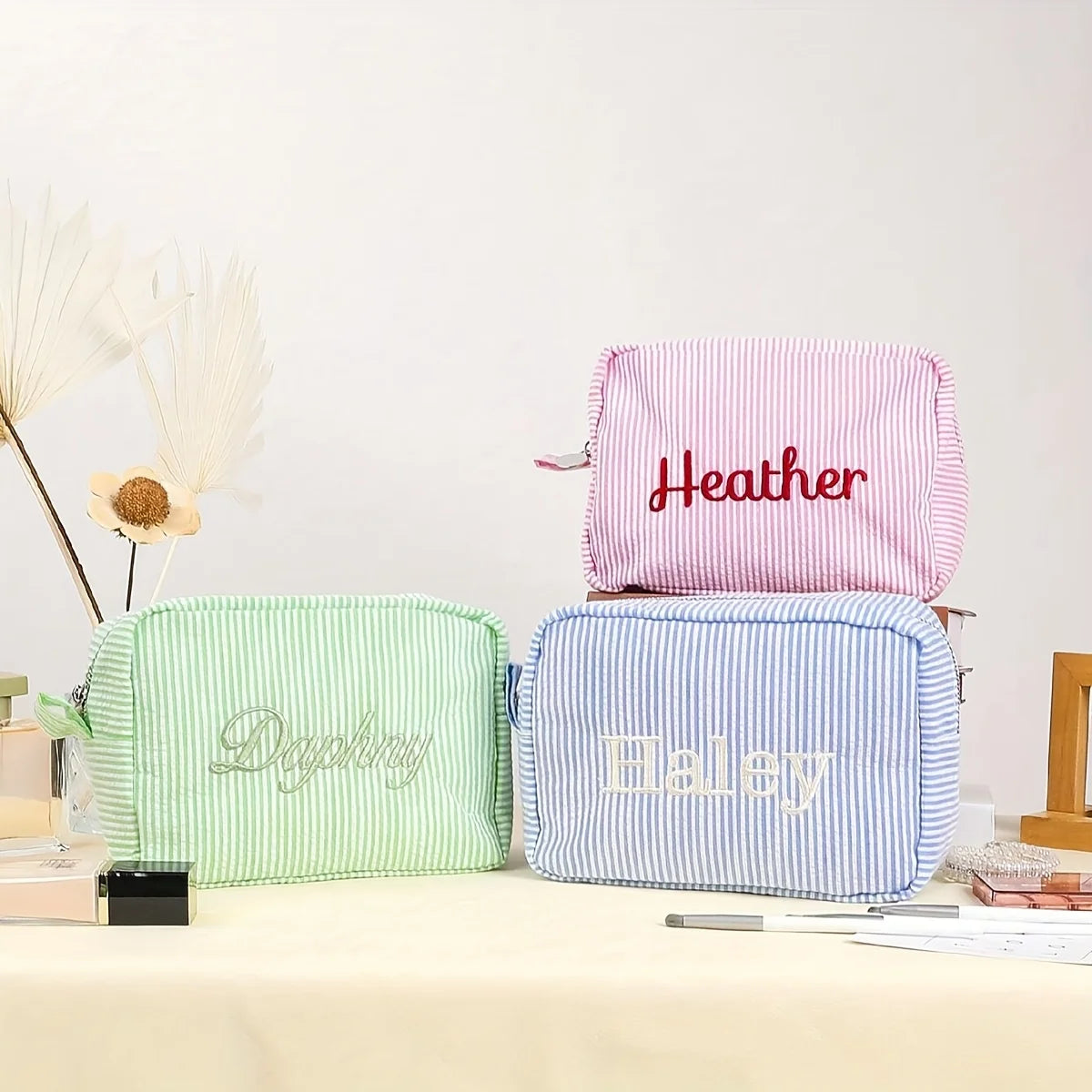 Custom Name Embroidered Makeup Bag Striped Cosmetic Pouch Travel Toiletry Organizer Large Capacity Zipper Pencil Case Gift Women