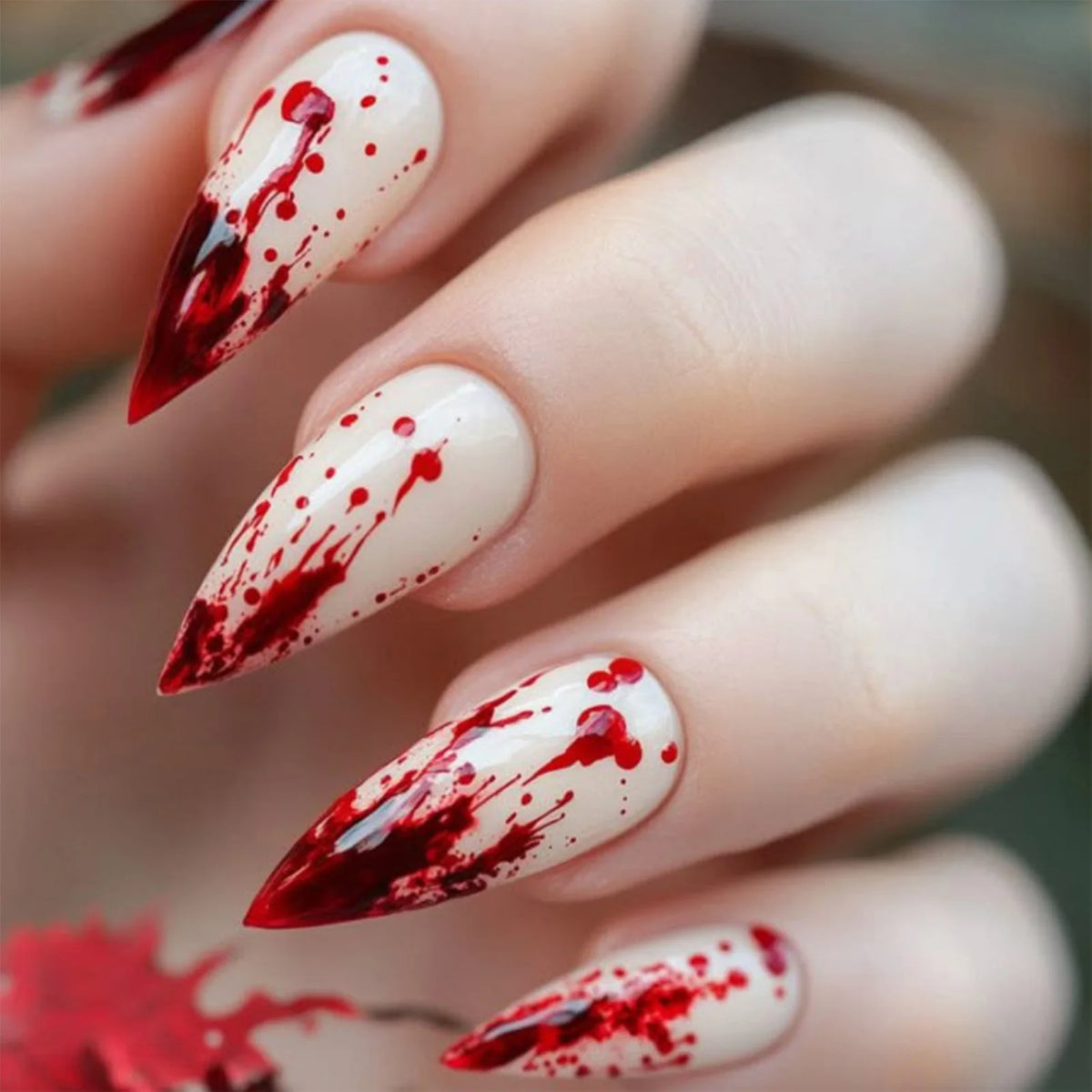 24Pcs Halloween Almond Fake Nails Red Blood Designs Press On Nails Simple DIY Manicure Full Cover False Nail for Halloween Party