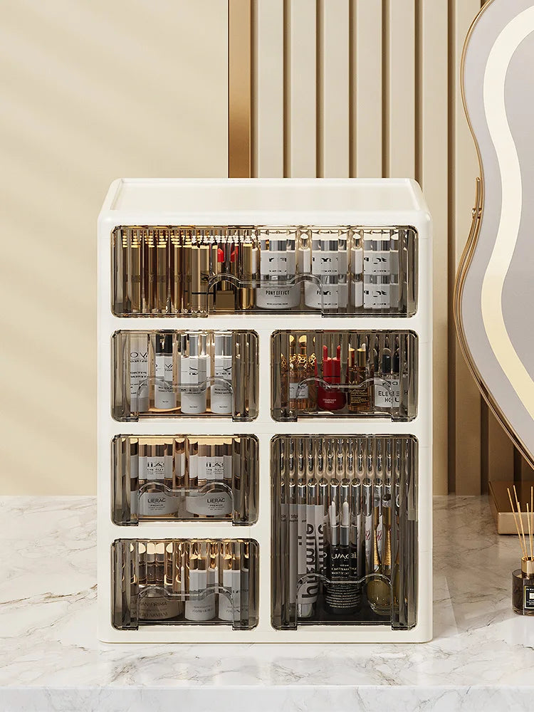Cream Color Cosmetics Box,Multi-compartment Lipstick/Mask Organizer,Drawer Dresser for Skincare/Makeup Brushes,1–4 tiers