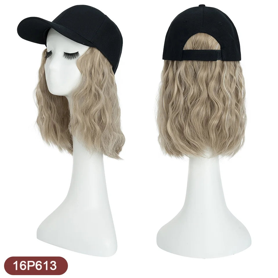 Benehair Hat Wig for Women 8 Inches Wave Baseball Cap Wig with Curly Hair Extensions Wig Synthetic Wave Wig Hat Adjustable Brown