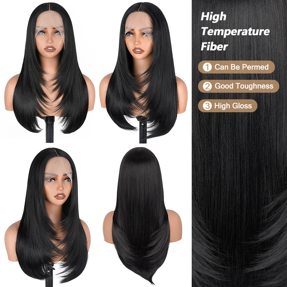 HD Straight Lace Front Wig Layered Wigs Reddish Brown Layered Cut Lace Wigs Copper Red Synthetic Butterfly Haircut Glueless Wigs