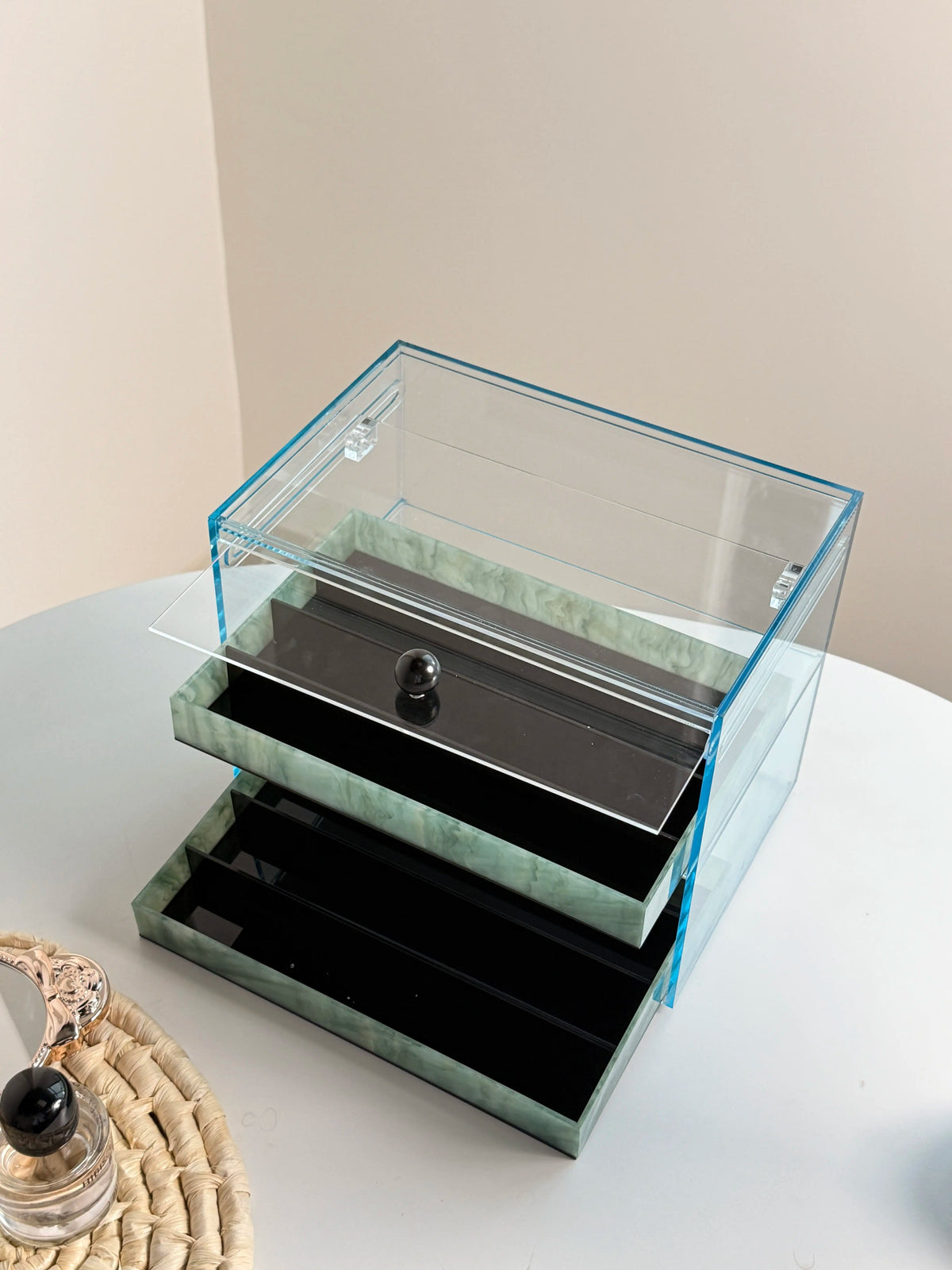 Wood and stone acrylic makeup brush storage box marble rotating dust-proof storage cylinder grid large-capacity lipstick box