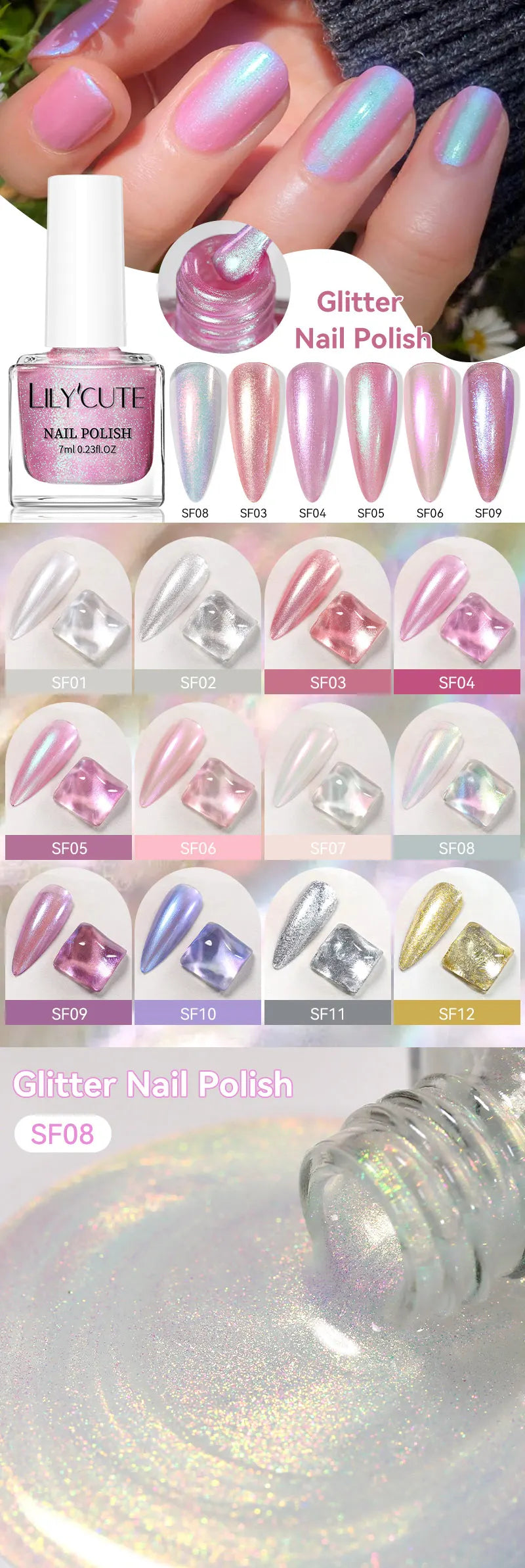 LILYCUTE 7ml Auroras Glitter Nail Polish No Need of UV/LED Lamp Nail Supplies Vernis White Pink Silver Pearl Effect for Nails