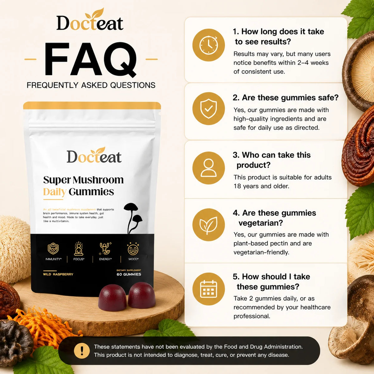Docteat Super Mushroom Daily Gummies 10:1 Fruiting Body Blend Supports Cognitive Clarity Focus and Immune Vigilance 60 Gummies