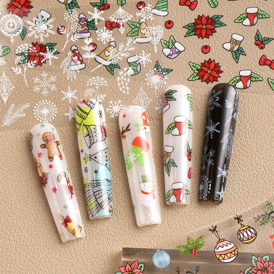 10pcs Christmas Nail Foils Transfer Stickers Xmas Tree Nail Decals Gingerbread Snowflake Winter Festive Nail Art Foil Decoration