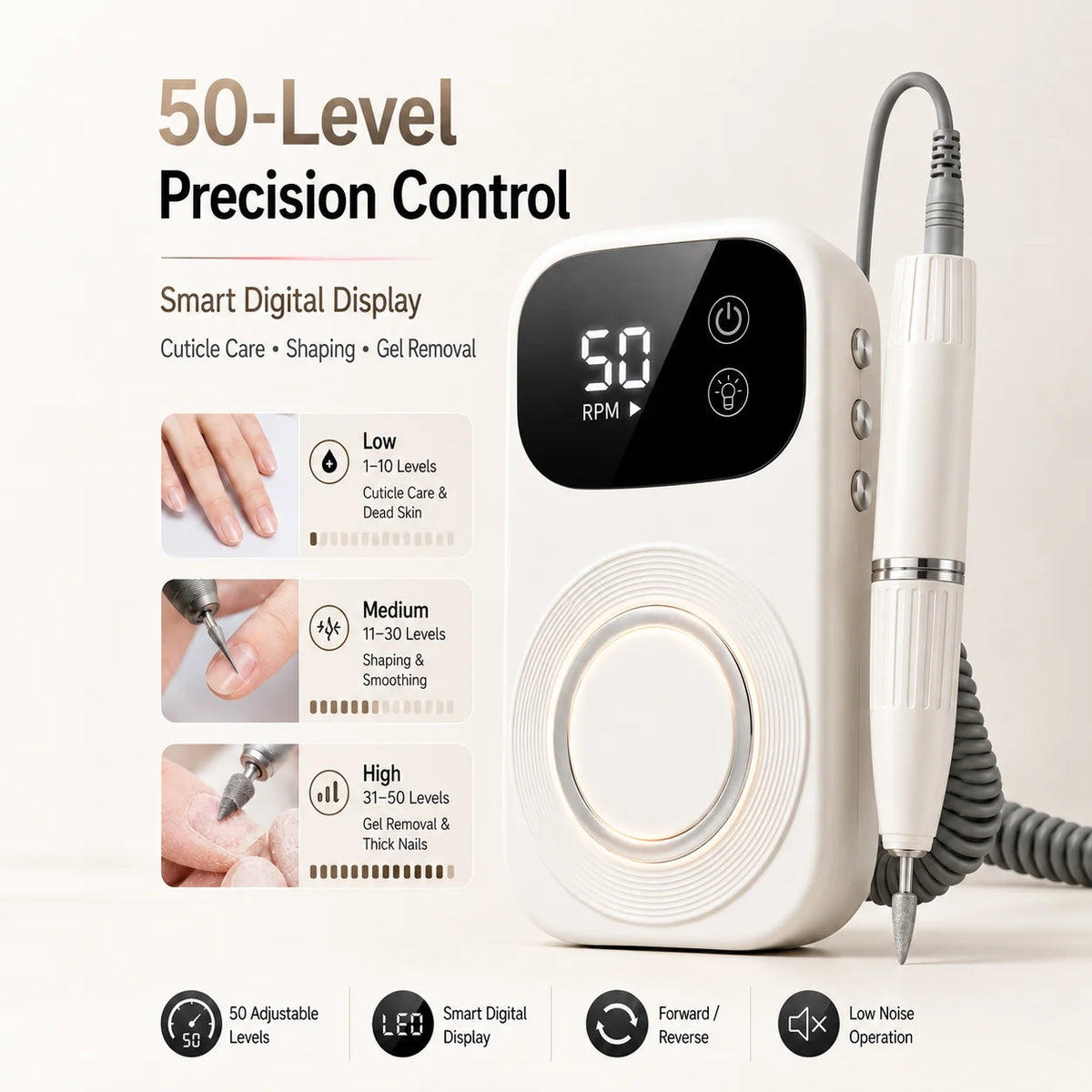 2-in-1 Rechargeable Nail Drill & Uv Led Lamp, 50-Speed Digital Portable E-File for Gel Acrylic Nails, Home Salon Christmas Gift