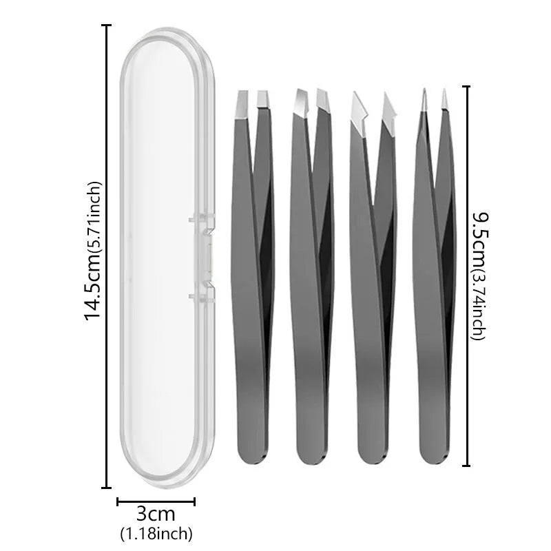 4Pcs Face Hair Removal Eyebrow Tweezers Pincet Clips Stainless Steel Lash Extension Tweezers Slant and Flat Point Beauty Tools