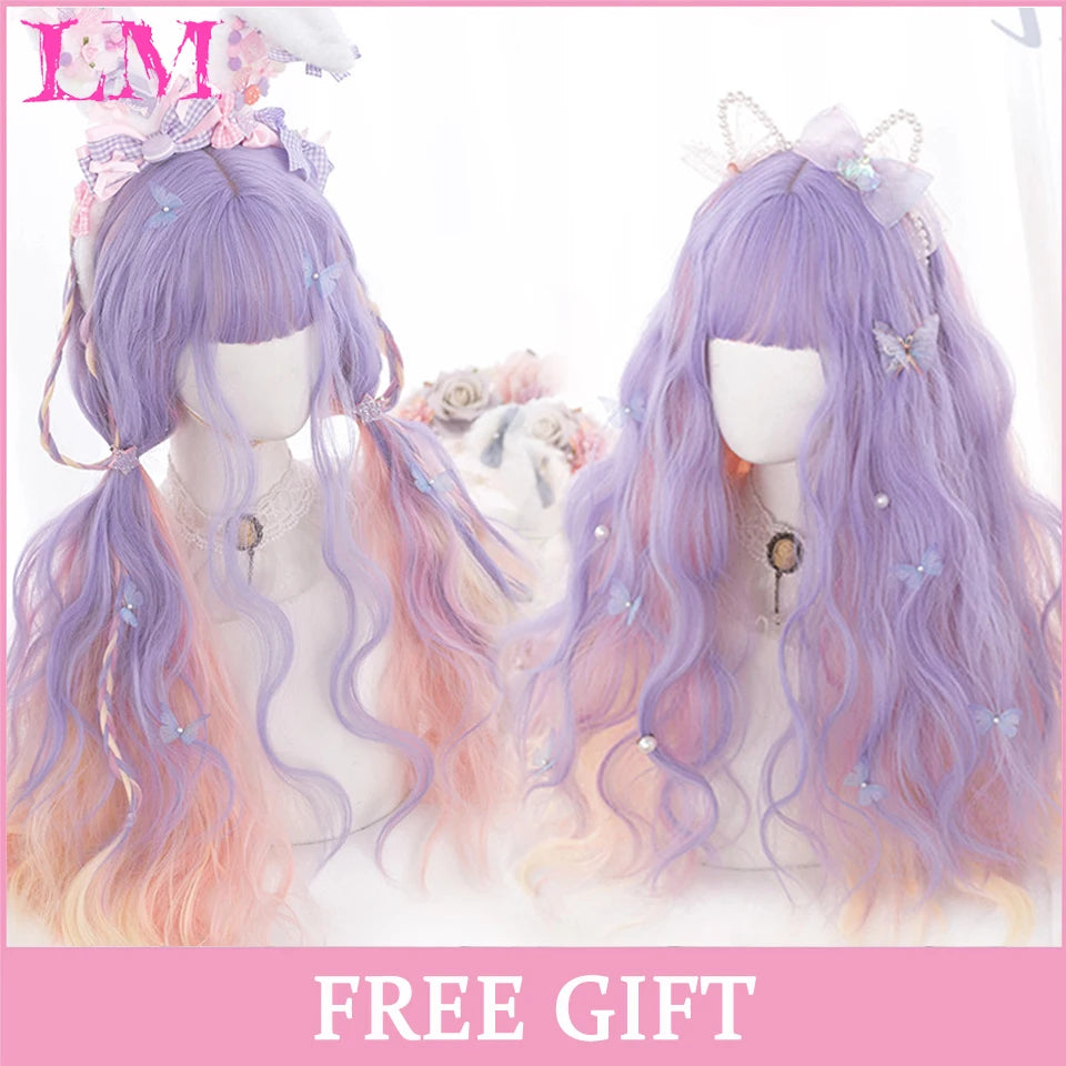 LM Cosplay Wig With Bangs Synthetic Straight Hair 24 Inch Long Heat-Resistant Pink Wig For Women