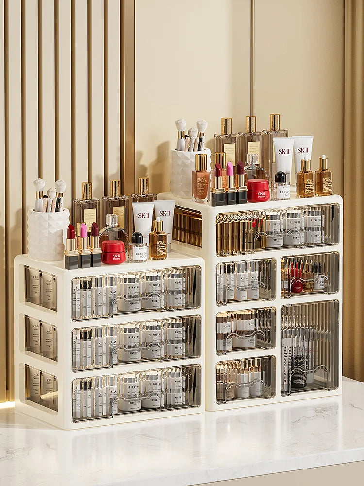 Cream Color Cosmetics Box,Multi-compartment Lipstick/Mask Organizer,Drawer Dresser for Skincare/Makeup Brushes,1–4 tiers