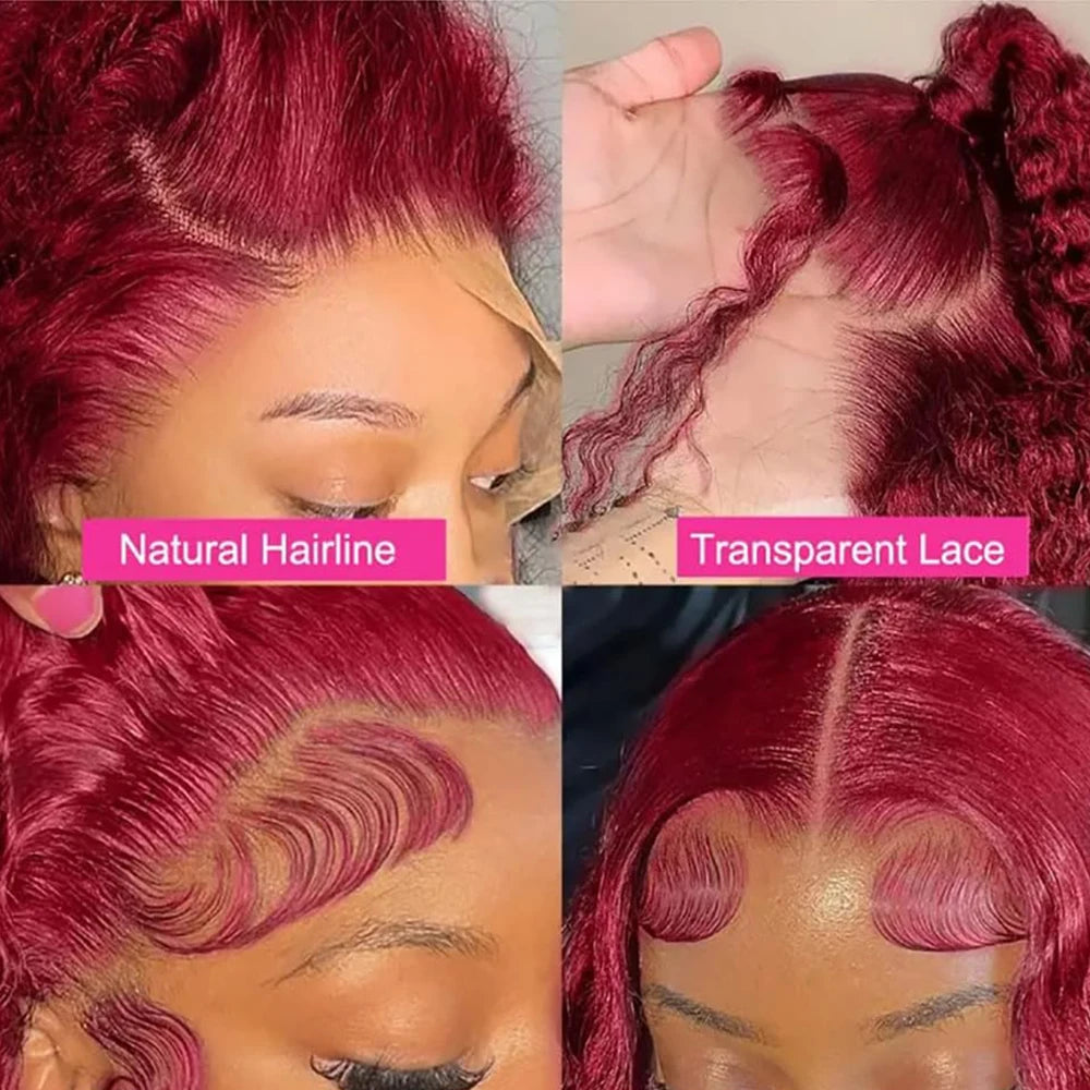 180 Density Burgundy 99J Short Bob Wigs Deep Wave 13x4 HD Lace Front Human Hair Wig Water Deep Curly Glueless Lace Closure Frontal Wig