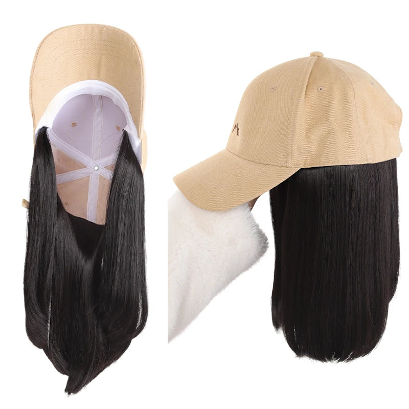 Beige Baseball Cap with 3D Mountain Embroidery + Synthetic Fiber Straight-Inner-Curl Wig – One-Piece Hair Hat for Effortless Dai