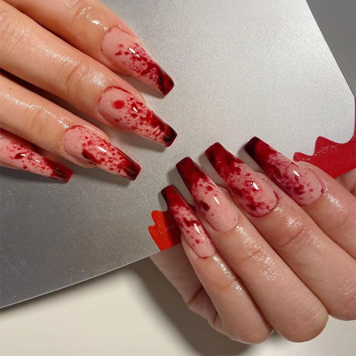 24Pcs Halloween Ballet False Nails with Jelly Blood Droplet Shading Design Coffin Press on Nails Mysterious Atmosphere Fake Nail