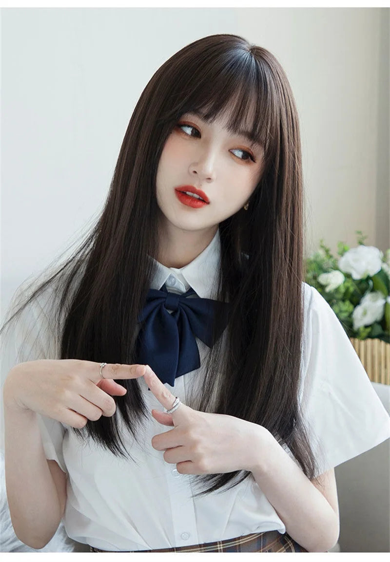 Korea Hair Extensions Synthetic Cute JK Girl Cosplay Air Bangs Wig Breathable Head Cover 50cm Long Straight Wig Hat for Women