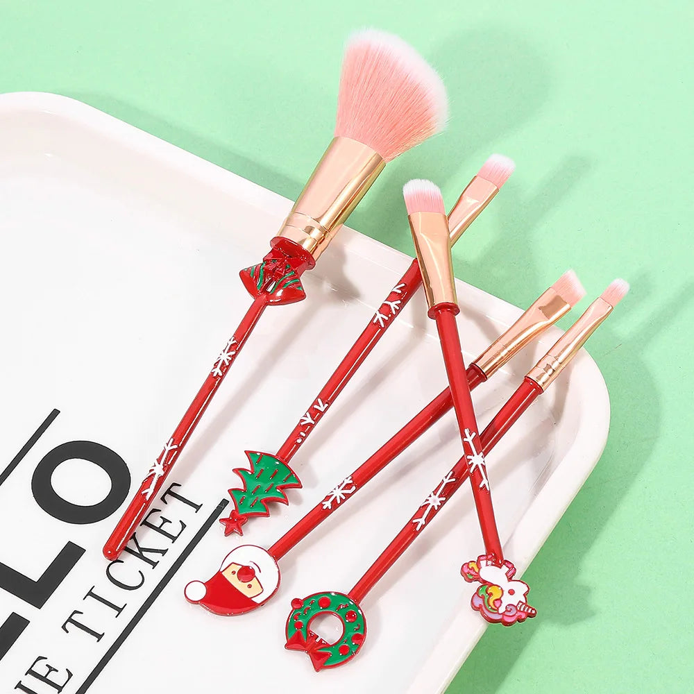 5/6-Piece Christmas Makeup Brush Set - Holiday Gift | Cute Santa Reindeer Christmas Tree Candy Cartoon Brushes
