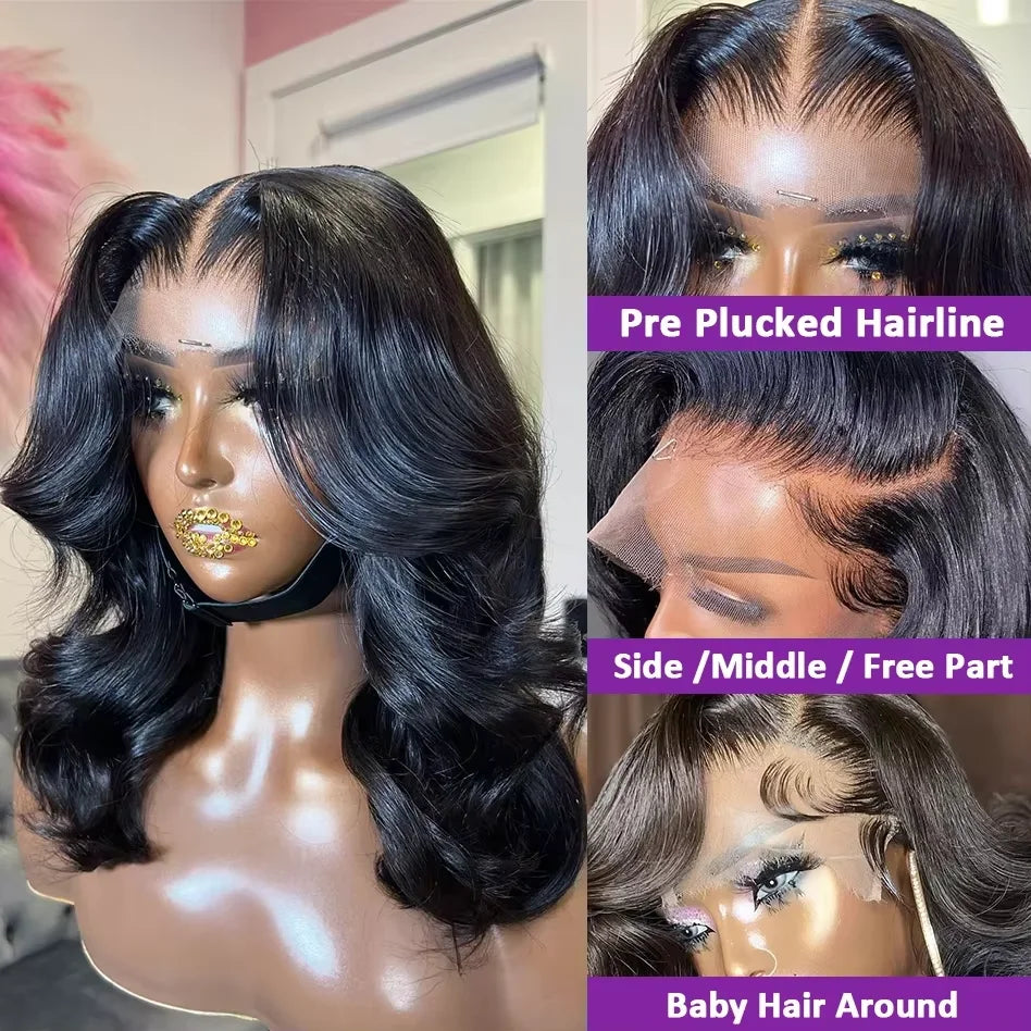 13x6 Hd Lace Frontal Wigs Glueless Human Hair Short Bob Wigs Body Water Wave Lace Front Wigs Brazilian Virgin Hair Natural Black