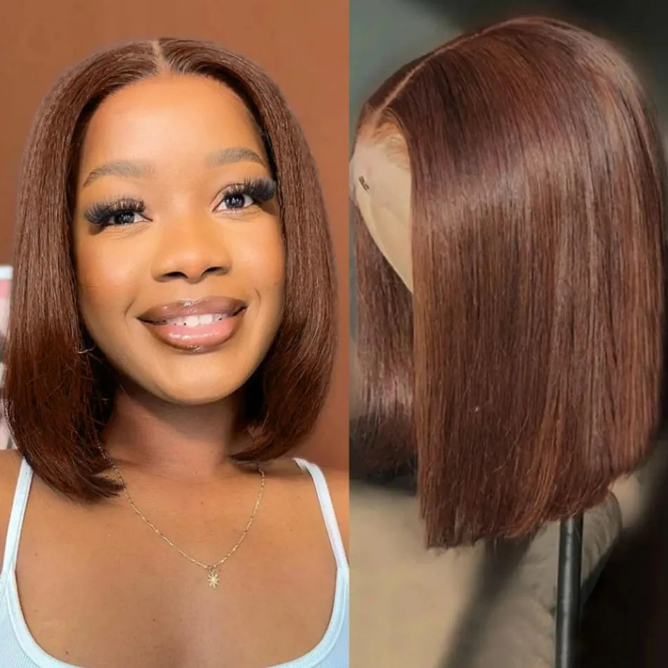 8-16 Brazilian Short Bob Wigs #4 Brown Straight 13x4 HD Transparent Lace Frontal Wigs Pre Bleached Glueless Short Bob Wigs Hair