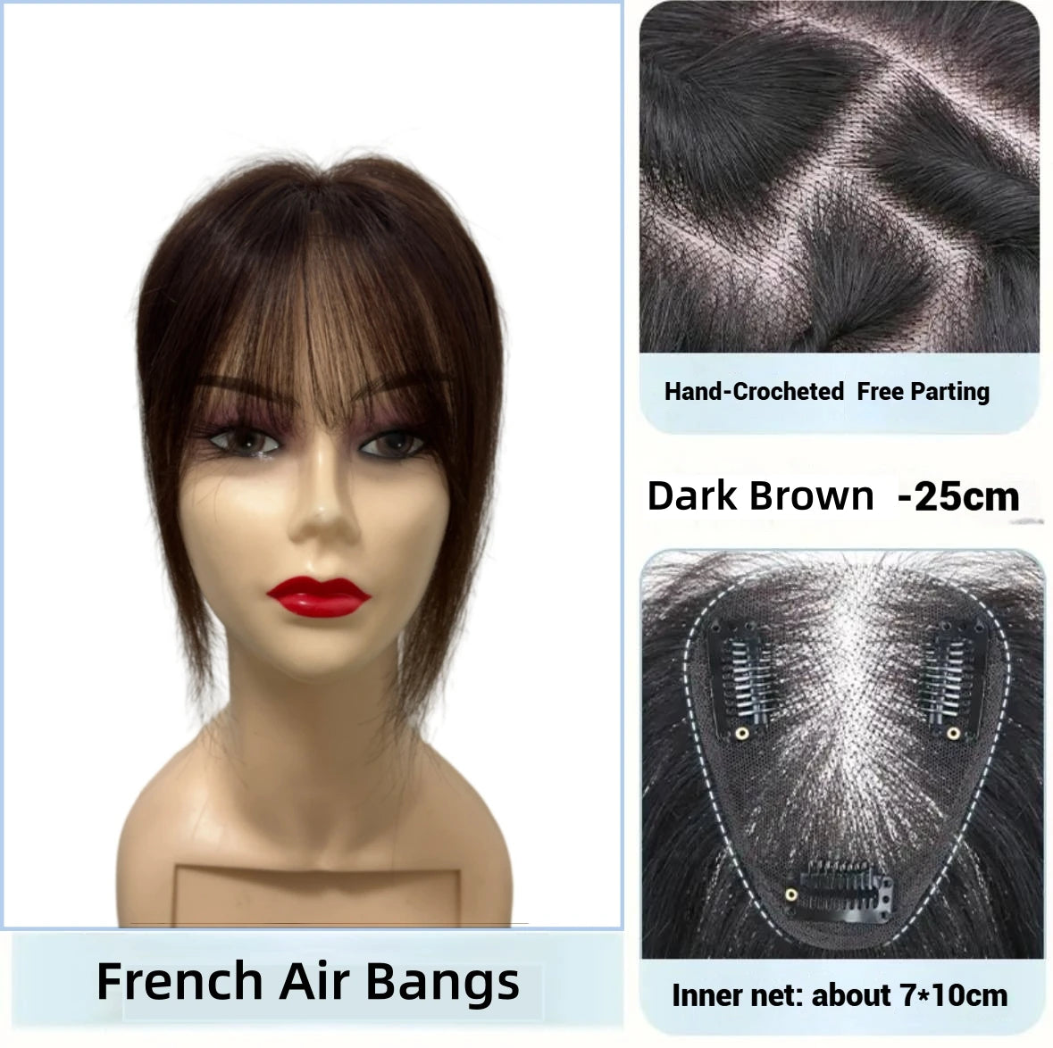 7x10cm Breathable Lace Human Hair Toppers 10 Inch Invisible Clip In Bangs for Women Natural Hairpieces Cover Thinning Hair Daily