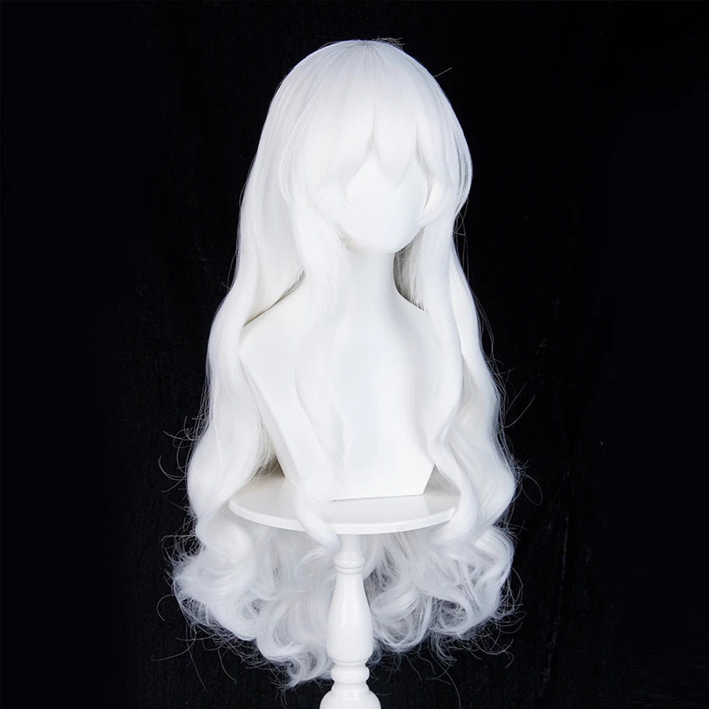 White Long Wavy Anime Game Cosplay Synthetic Wigs with Bangs Fluffy Heat Resistant Wig for Daily Party