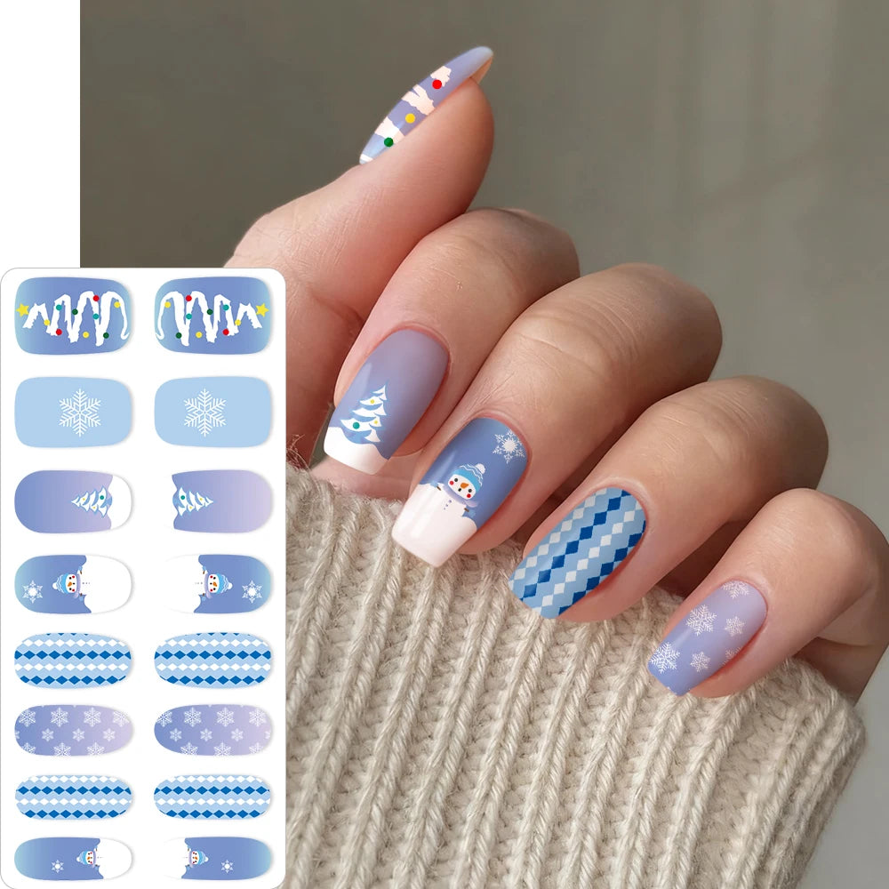 16Tips 3D Full Cover Christmas Series Nail Stickers Adhesive No Light Need Nail Art Wraps Strips Festival Manicure Polish Tips *