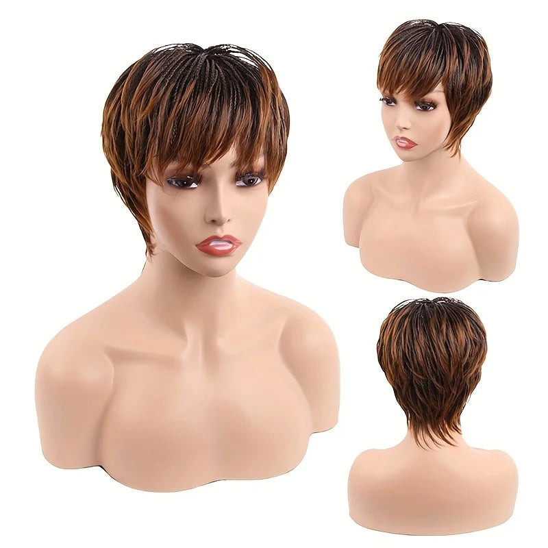 Short Braided Wig for Women, Brown Gradient Layered Bob Wig with Breathable Inner Cap, Synthetic Heat-Resistant Fiber Wig