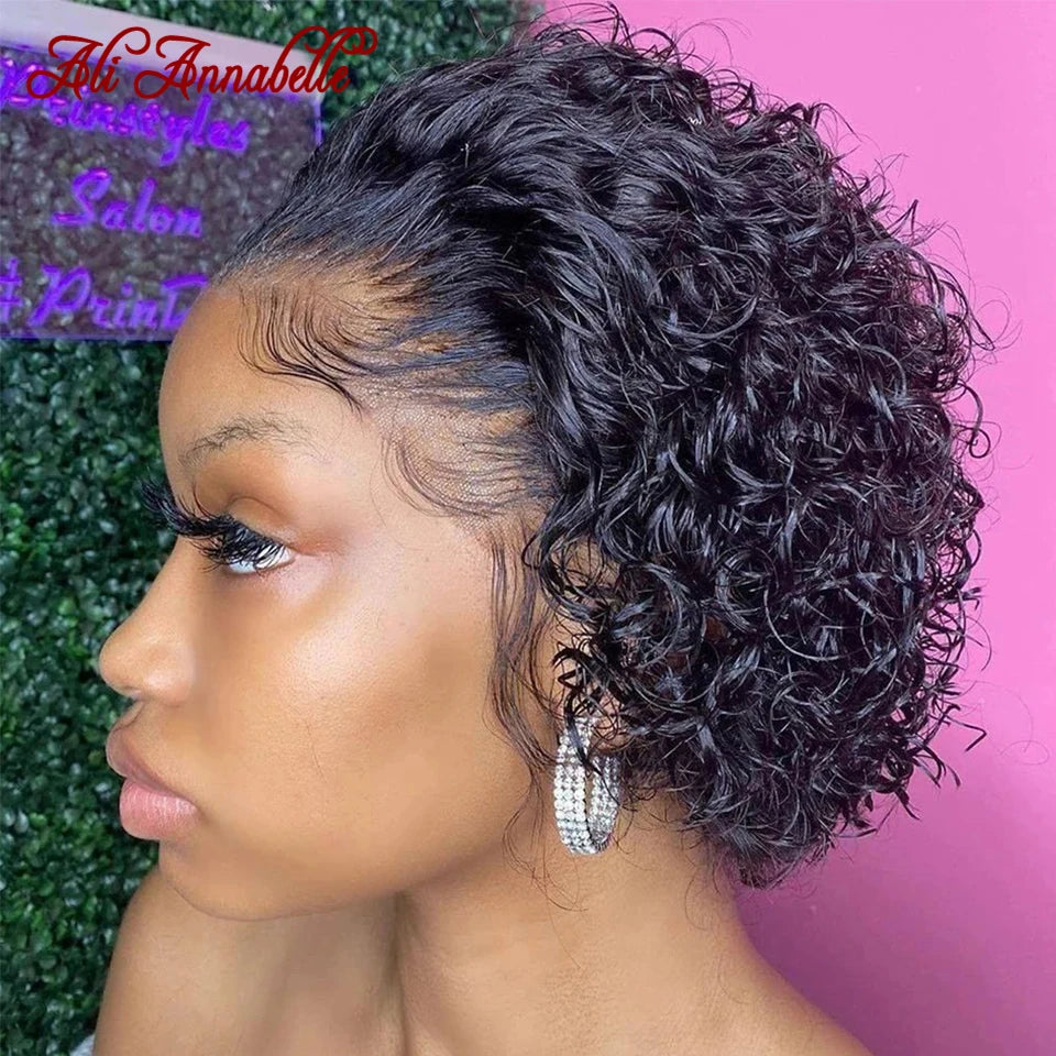 Ali Annabelle 13X1 Lace Part Curly Bob Wigs Human Hair Wigs For Women Short Pixie Cut Curly Bob Wigs Brazilian Transparent 150%