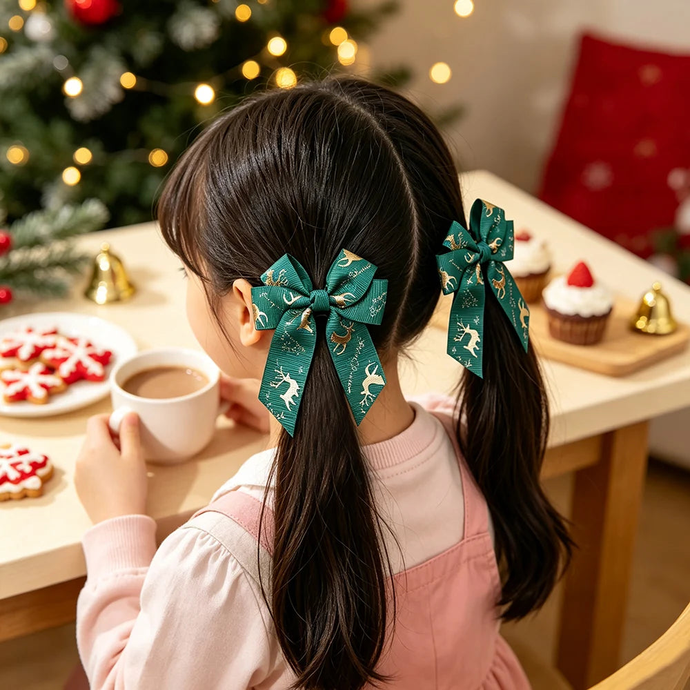 4Pcs Merry Christmas Printed Ribbon Bow Hair Clip Long Tail Barrette Red Green Xmas Tree Deer Pattern Hairpin Girls Headdress