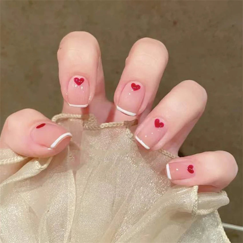 24 Pcs/Set Valentine's Day Long Almond Fake Nails Shape Novelty Pearl Bow Love Press on Nails Art Full Cover Stick-on Nails Tips