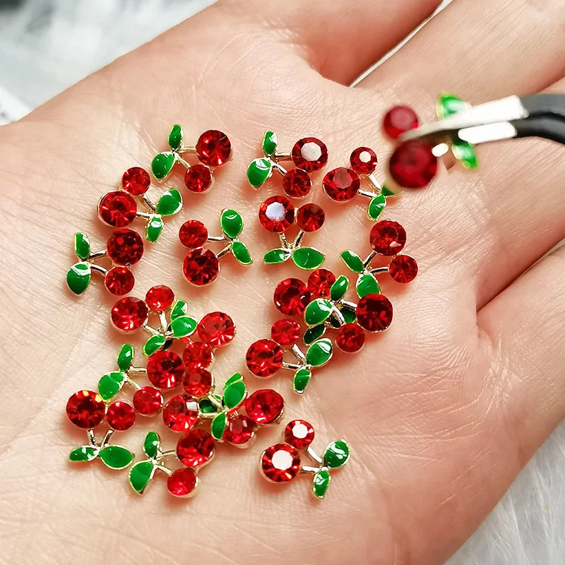 20Pcs Glitter Cherry Rhinestone 3D Nail Charms 10mm Red & Pink Cherry Christmas Nail Art Y2K Alloy Metal Gold Cherry Nail Part