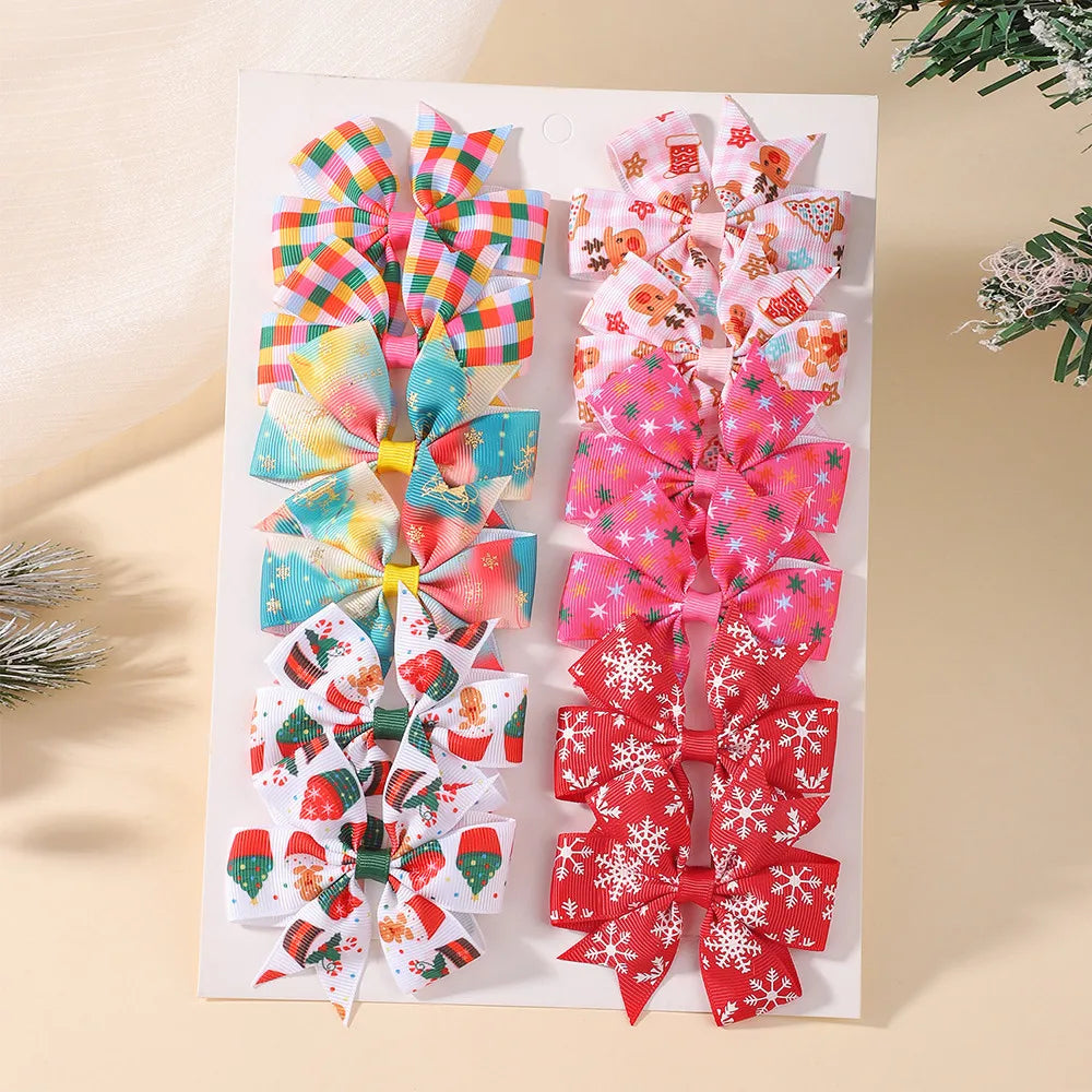 12Pcs Christmas Bow Hair Clips Set Printed Grosgrain Ribbon Pinwheel Bow Barrettes Little Girls Xmas Holiday Hair Accessories